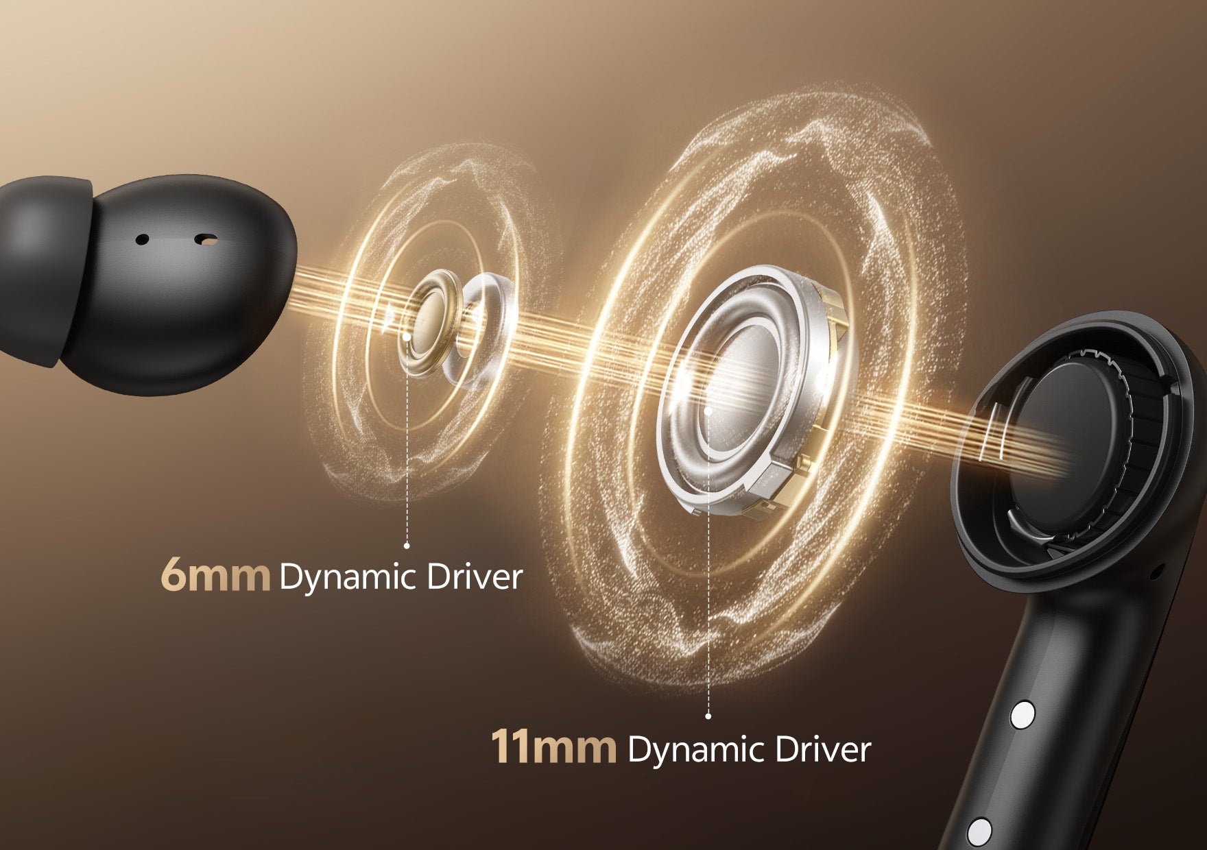 Fones de ouvido com drivers dinâmicos de 6mm e 11mm para som potente e claro. Tecnologia avançada para experiência auditiva s