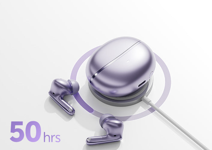 Fone de ouvido sem fio roxo com case de carregamento e 50 horas de bateria.