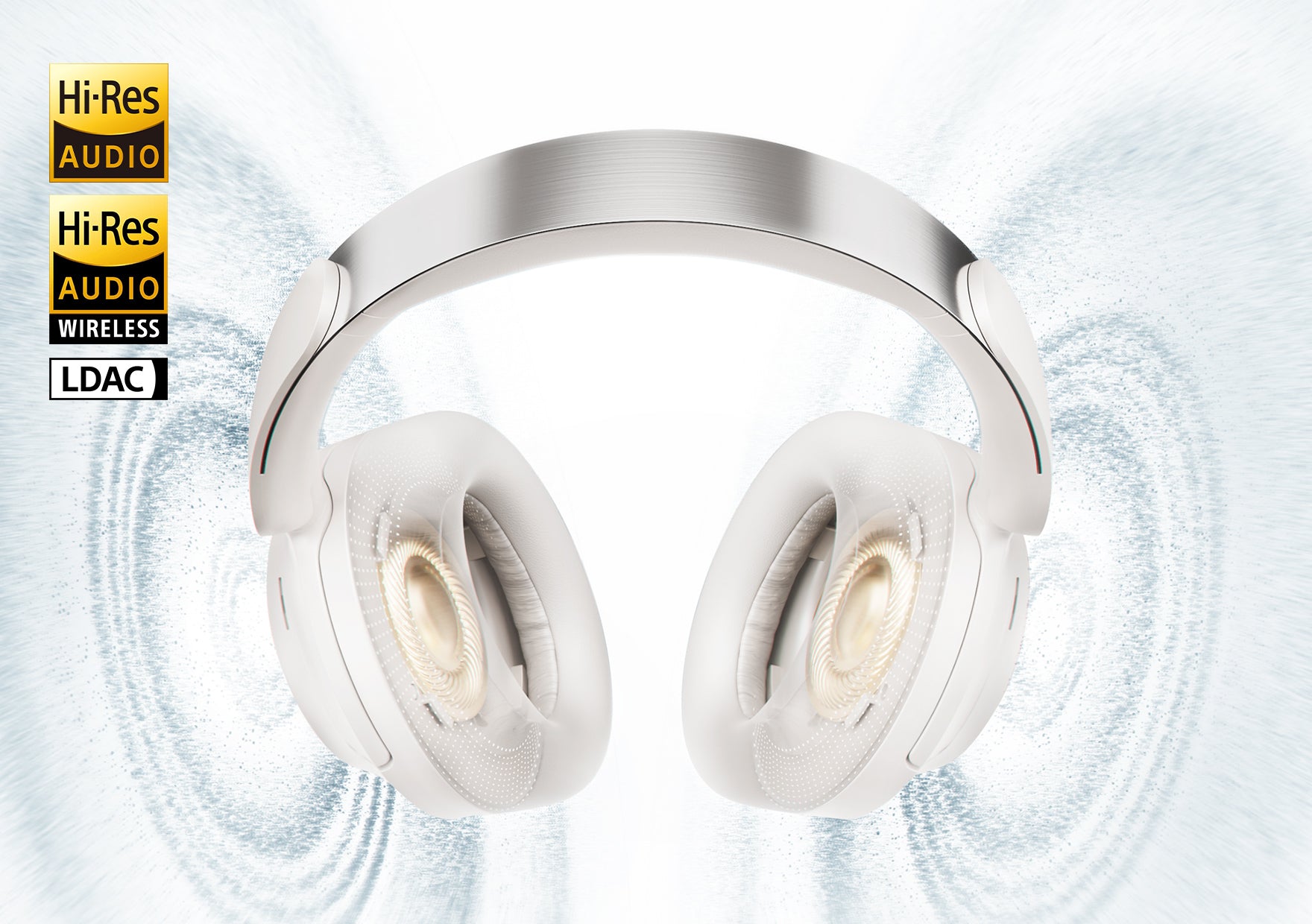 Fones de ouvido sem fio Hi-Res com tecnologia LDAC, som de alta resolução e design elegante em branco.