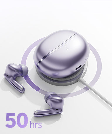 Fone de ouvido sem fio roxo com estojo de carregamento, 50 horas de bateria.