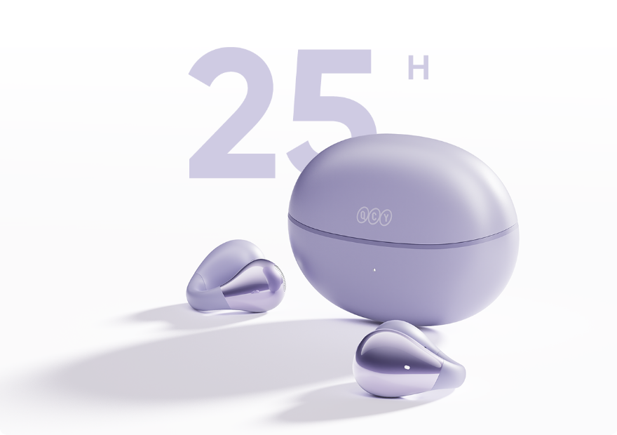 Fone de ouvido sem fio QCY HT05 em roxo com case de carregamento e 25h de bateria.