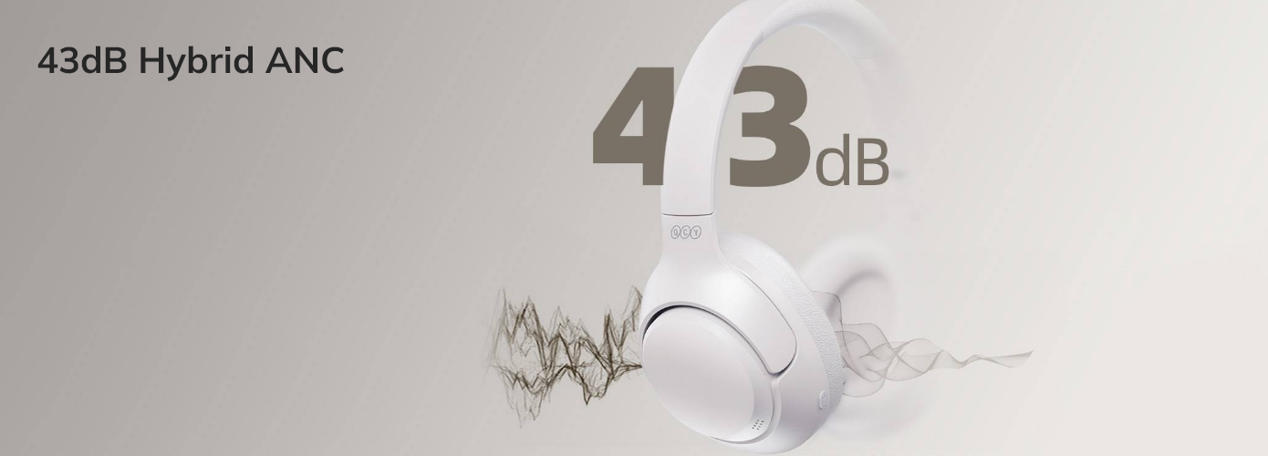 Fone de ouvido branco com Cancelamento Ativo de Ruído Híbrido de 43dB, bloqueando ondas sonoras para imersão total.