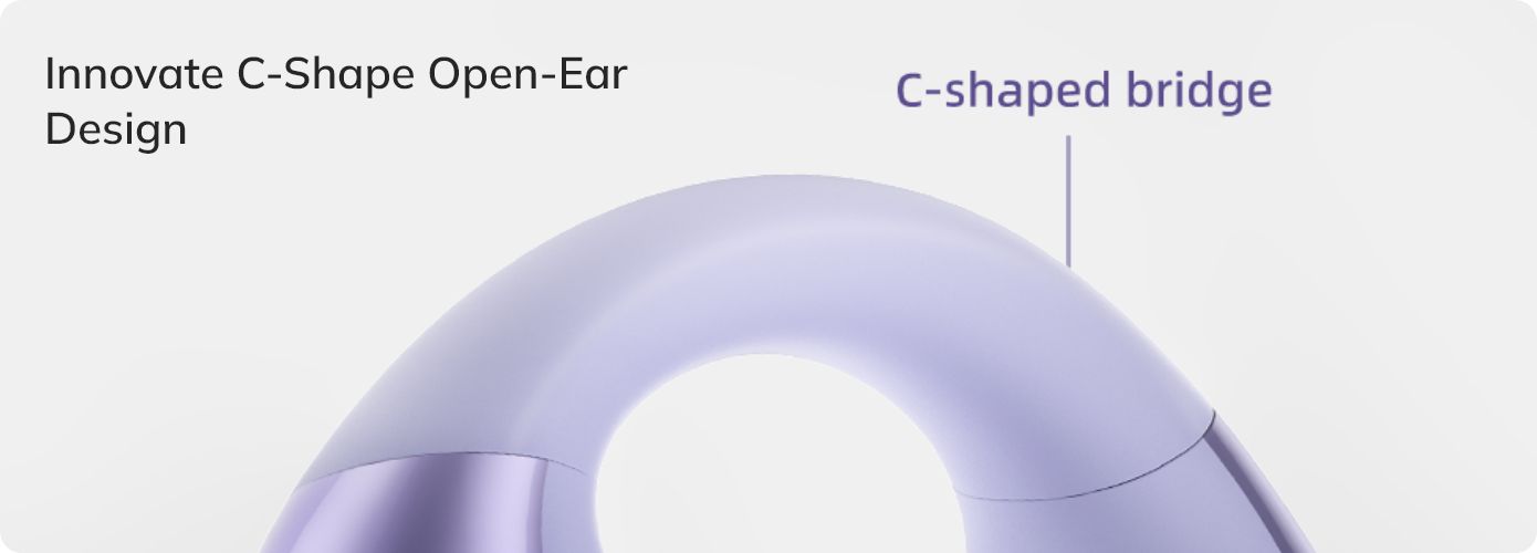 Fone de ouvido open-ear com design inovador em formato C e ponte ergonômica para maior conforto e estabilidade durante o uso.