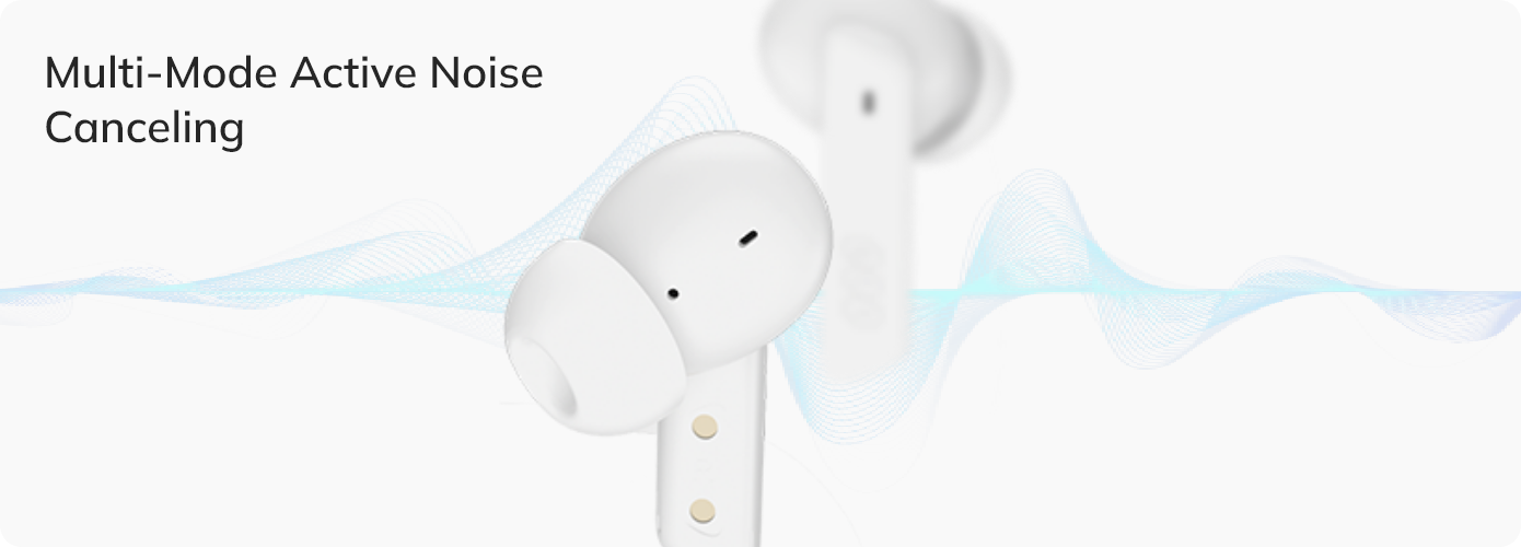 Fone de ouvido branco com cancelamento de ruído ativo multimodo e ondas sonoras azuis.