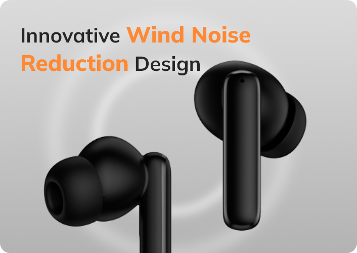 Fones de ouvido sem fio pretos com design inovador para redução de ruído do vento, ideal para chamadas claras em qualquer amb