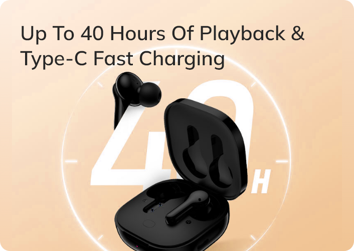 Fones de ouvido com até 40 horas de reprodução e carregamento rápido via Type-C. Design moderno e portátil.