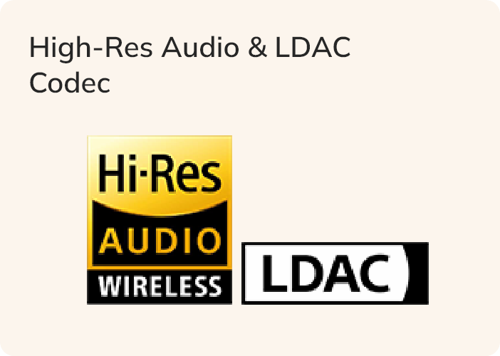 Ícones de certificação Hi-Res Audio Wireless e codec LDAC para áudio de alta resolução sem fio.