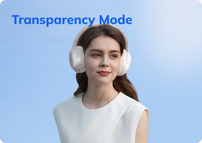 Fone de ouvido com modo transparência para ouvir o ambiente. Conforto e tecnologia em design moderno e elegante.