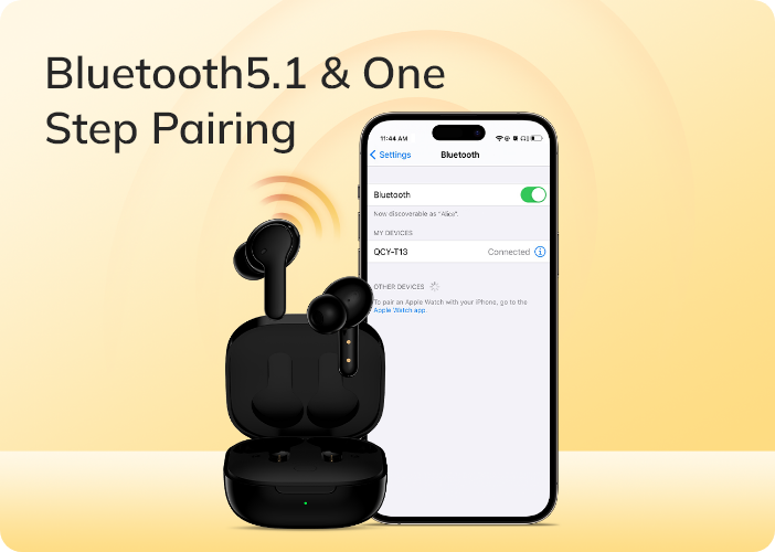 Fone de ouvido Bluetooth 5.1 com pareamento rápido em um passo e conexão estável para smartphones.