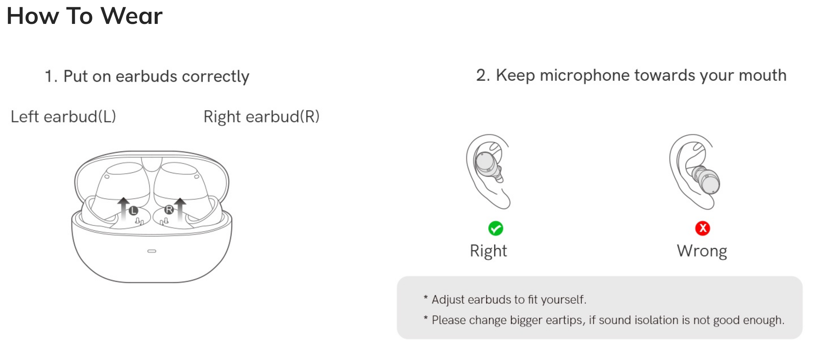 How to wear wireless earbuds: correct placement with microphone facing mouth, left and right earbud identification, and prope