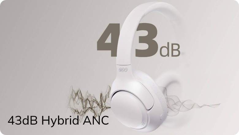 Fone de ouvido branco com Cancelamento Ativo de Ruído Híbrido de 43dB para silêncio imersivo.