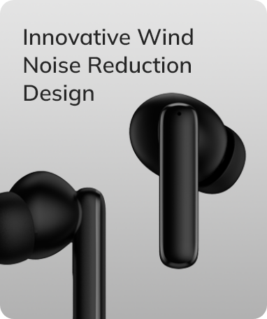 Fone de ouvido sem fio preto com design inovador para redução de ruído do vento.