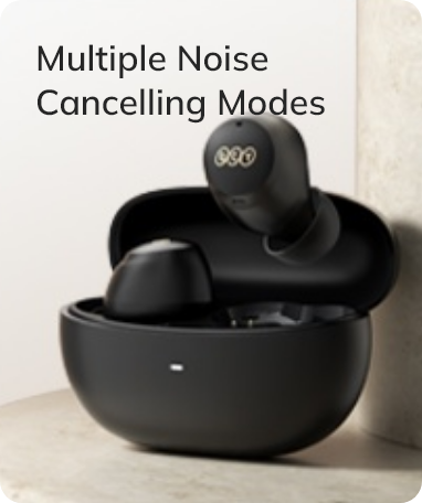 Fones de ouvido sem fio pretos com estojo de carregamento e múltiplos modos de cancelamento de ruído.
