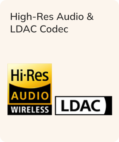 Ícones de certificação Hi-Res Audio Wireless e codec LDAC para áudio de alta resolução sem fio.