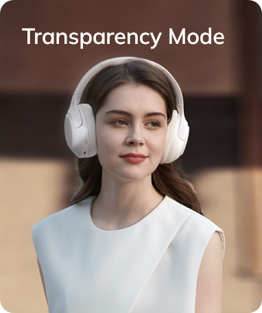 Mulher usando fones de ouvido brancos no Modo Transparência, com design moderno e conforto para uso diário.
