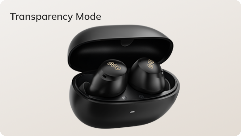 Fone de ouvido sem fio preto com estojo de carregamento e modo de transparência ativado.
