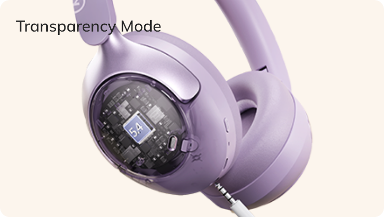 Fone de ouvido roxo com modo de transparência, exibindo tela digital e design moderno.