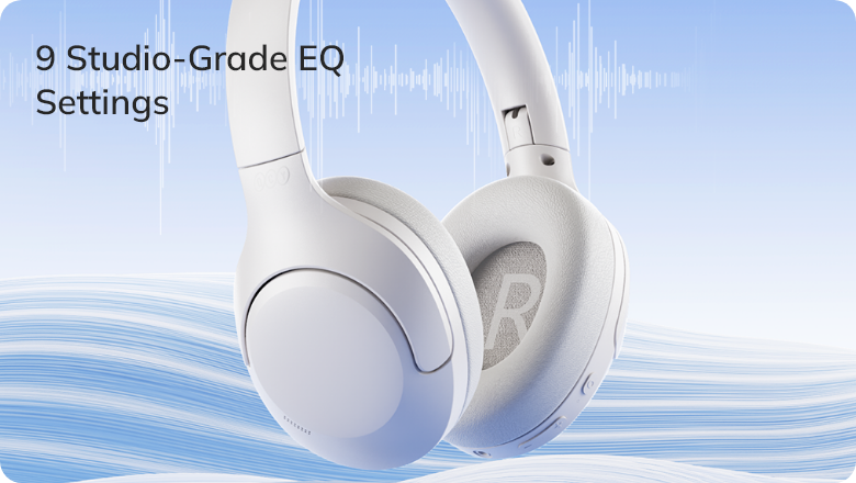 Fones de ouvido brancos com 9 configurações de equalizador de estúdio para áudio personalizado e imersivo.