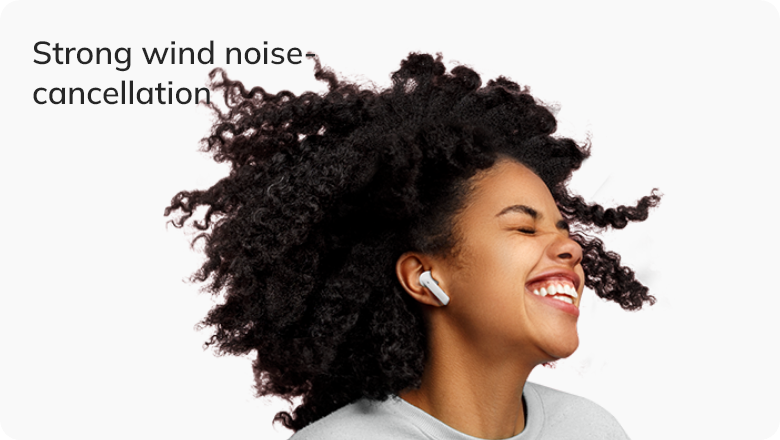 Fone de ouvido com cancelamento de ruído do vento, ideal para atividades ao ar livre. Tecnologia avançada para áudio claro em