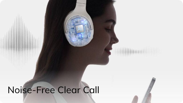 Fone de ouvido com IA para chamadas claras e sem ruído.