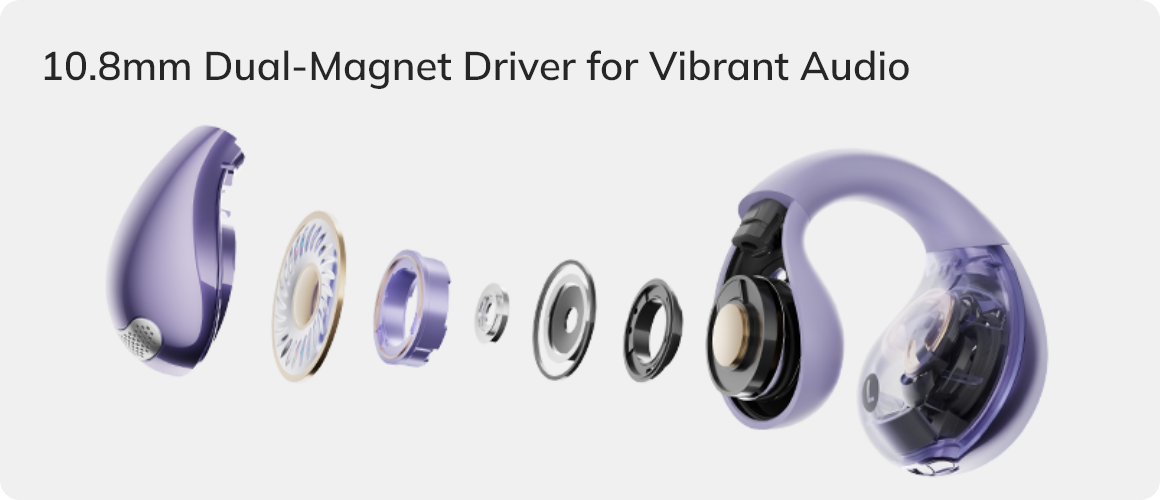 Fone com driver de ímã duplo de 10,8mm para áudio vibrante e potente.