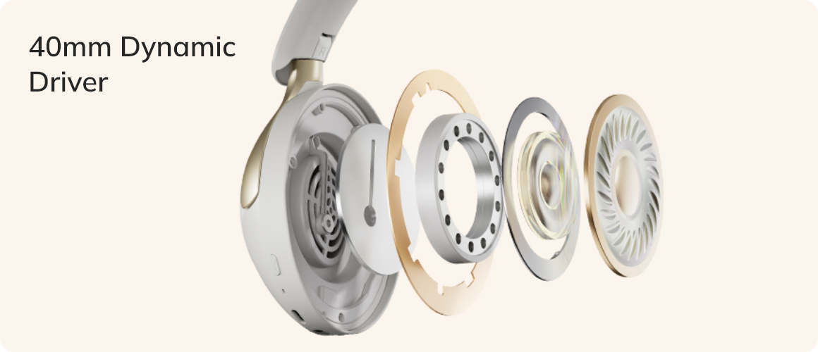 Driver dinâmico de 40mm em fone de ouvido premium com design desmontado, destacando componentes internos dourados e prateados