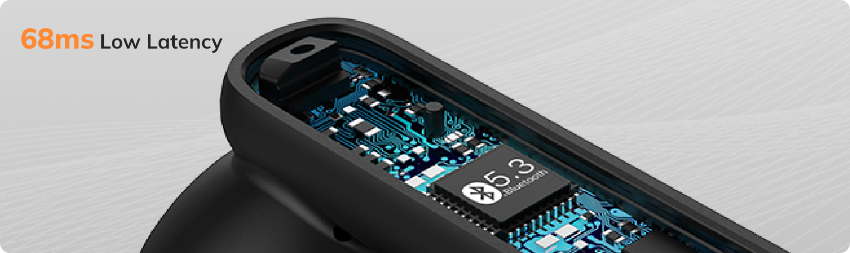 Mouse sem fio com chip Bluetooth 5.3 e baixa latência de 68ms para jogos e uso profissional, design ergonômico preto.