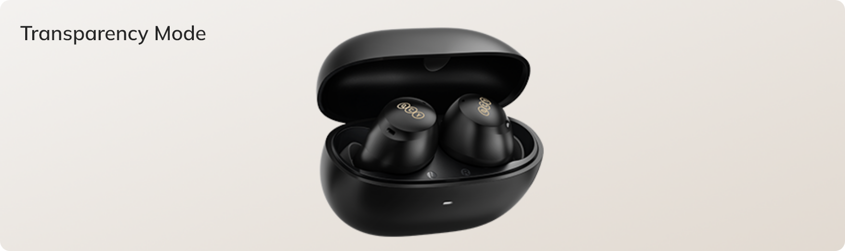 Fone de ouvido sem fio preto com estojo de carregamento e modo de transparência.