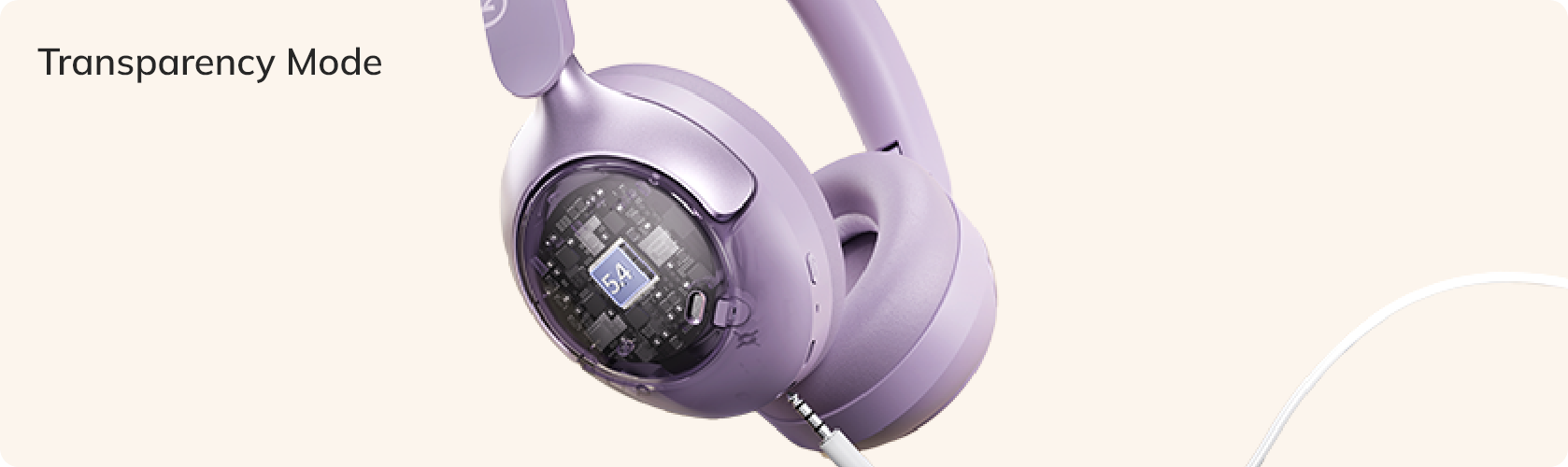 Fone de ouvido roxo com modo de transparência e design moderno, ideal para música e chamadas.