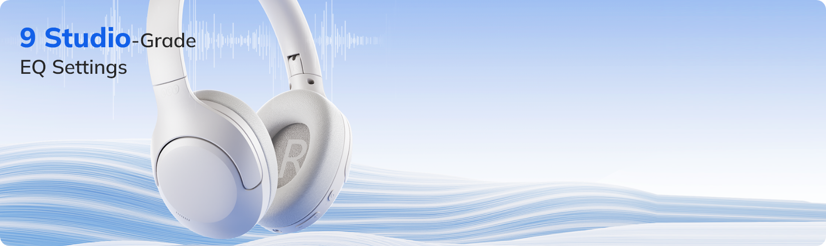 Fone de ouvido branco com 9 configurações de equalização de estúdio para áudio personalizado e imersivo.