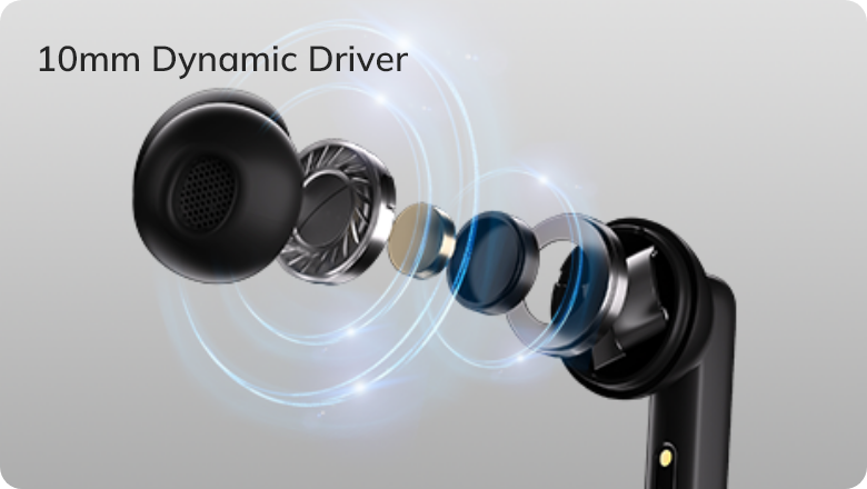 Fone com driver dinâmico de 10mm para som potente e graves profundos.