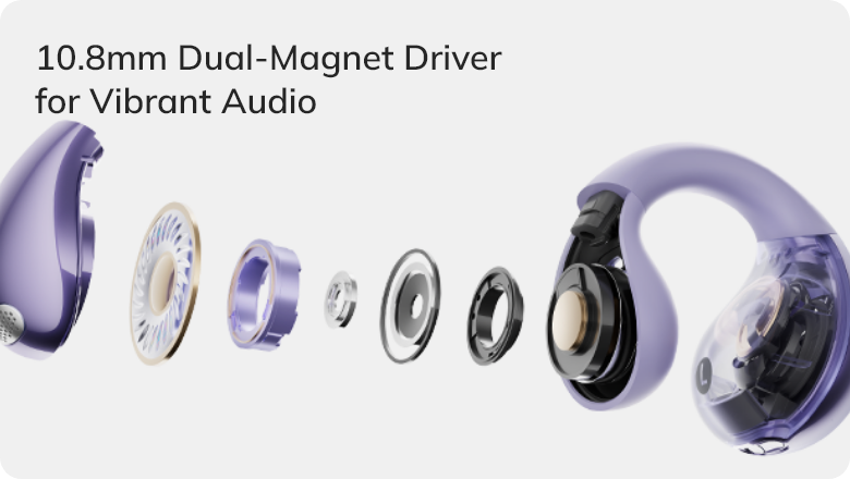 Fone com driver duplo de 10,8mm para áudio vibrante e potente.