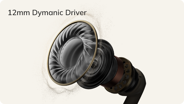 Driver dinâmico de 12mm para fone de ouvido, detalhe interno com diafragma em espiral e acabamento metálico.