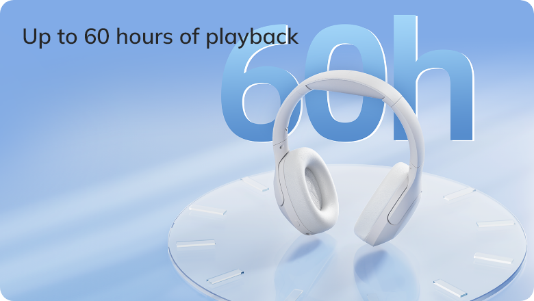 Fones de ouvido com até 60 horas de reprodução, design moderno e confortável, ideal para uso prolongado.