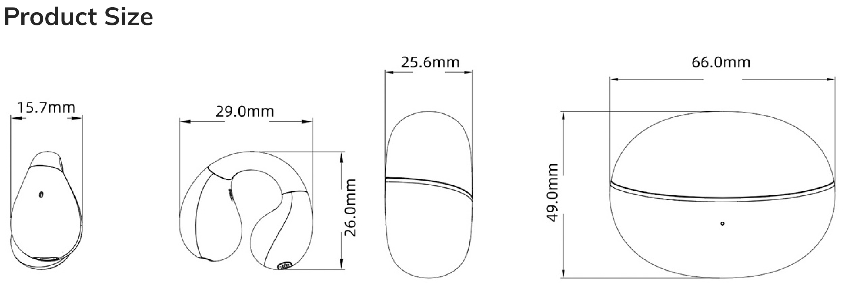 Dimensões do produto: fones de ouvido sem fio e estojo de carregamento com medidas detalhadas em milímetros para referência.