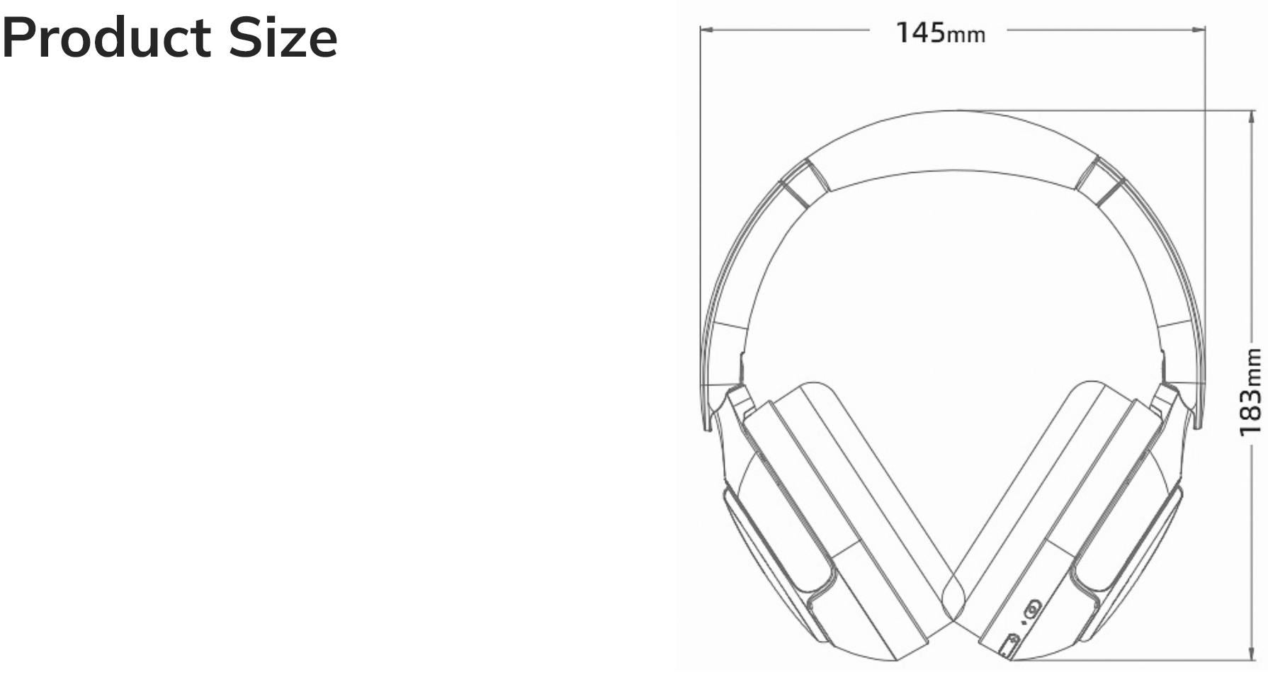 Fone de Ouvido Bluetooth: Esquema com Dimensões do Produto em Milímetros (145mm x 183mm)