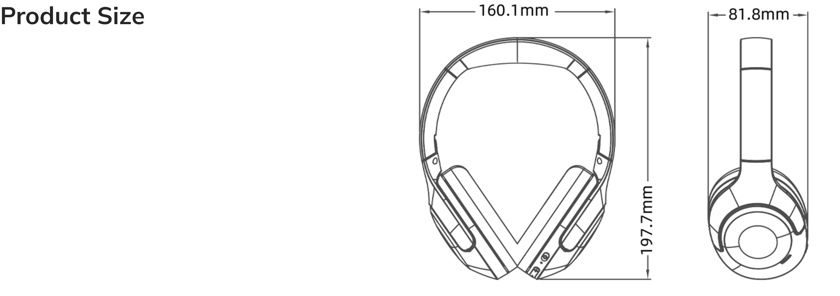 Dimensões do fone de ouvido: 160,1mm largura, 197,7mm altura e 81,8mm profundidade.