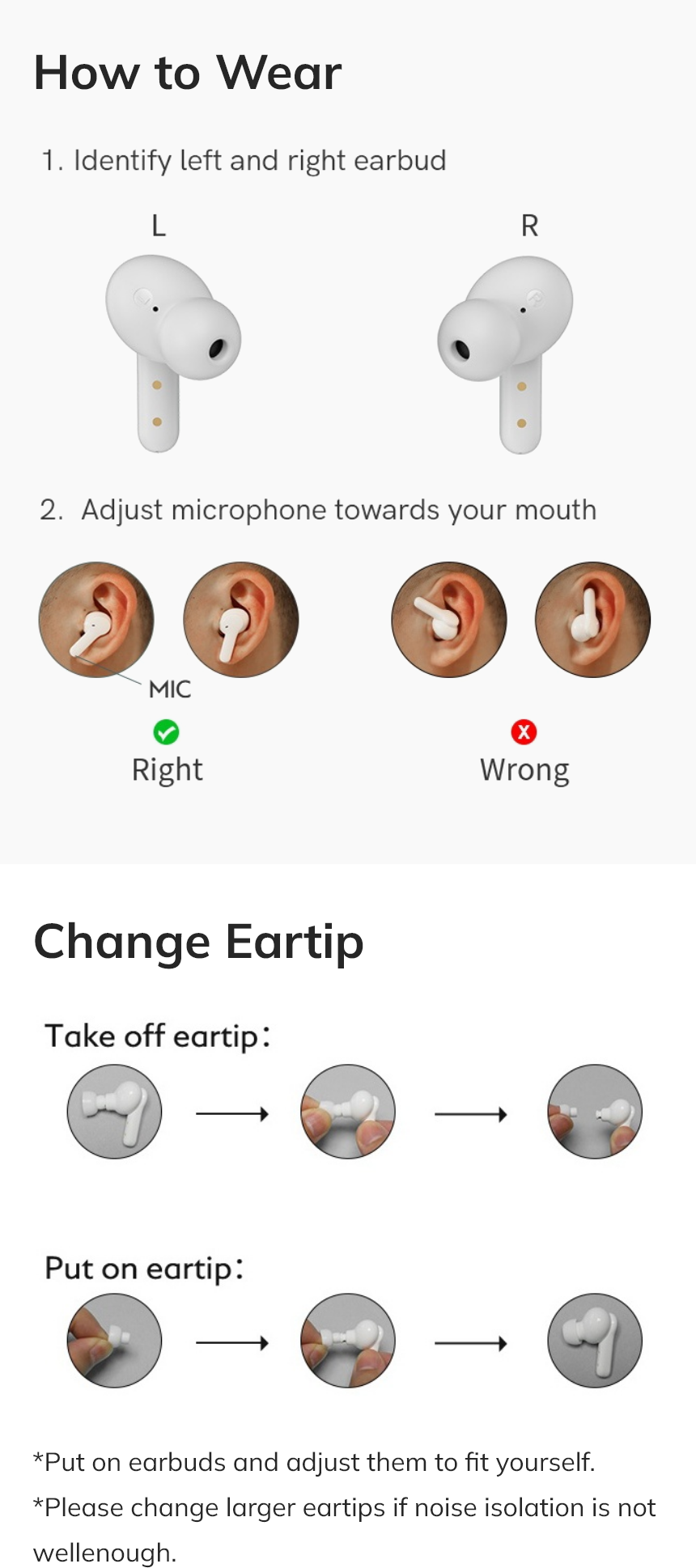 Guia de uso: como colocar fones de ouvido sem fio e trocar ponteiras para melhor ajuste e isolamento acústico.