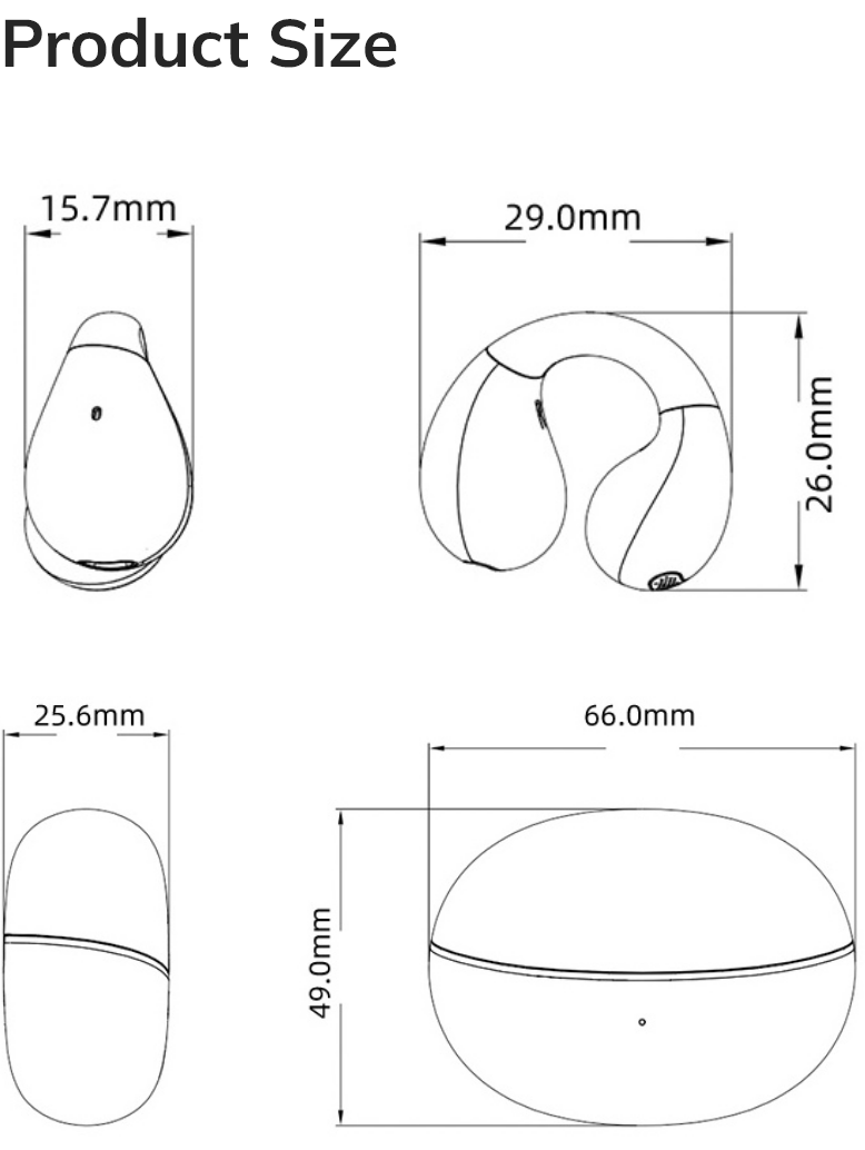 Dimensões do fone de ouvido sem fio: 15.7mm, 29.0mm, 26.0mm, 25.6mm, 66.0mm e 49.0mm.