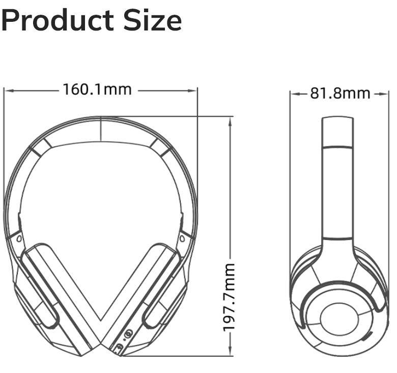 Diagrama de tamanho do fone de ouvido: 197,7mm altura, 160,1mm largura, 81,8mm profundidade.