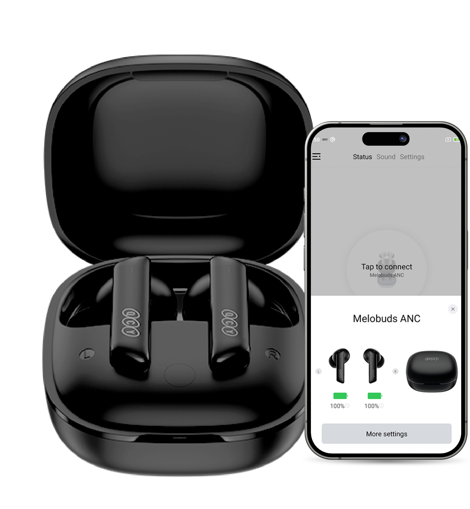 Fone de ouvido sem fio Melobuds ANC preto com estojo de carregamento e app mostrando conexão e bateria cheia.