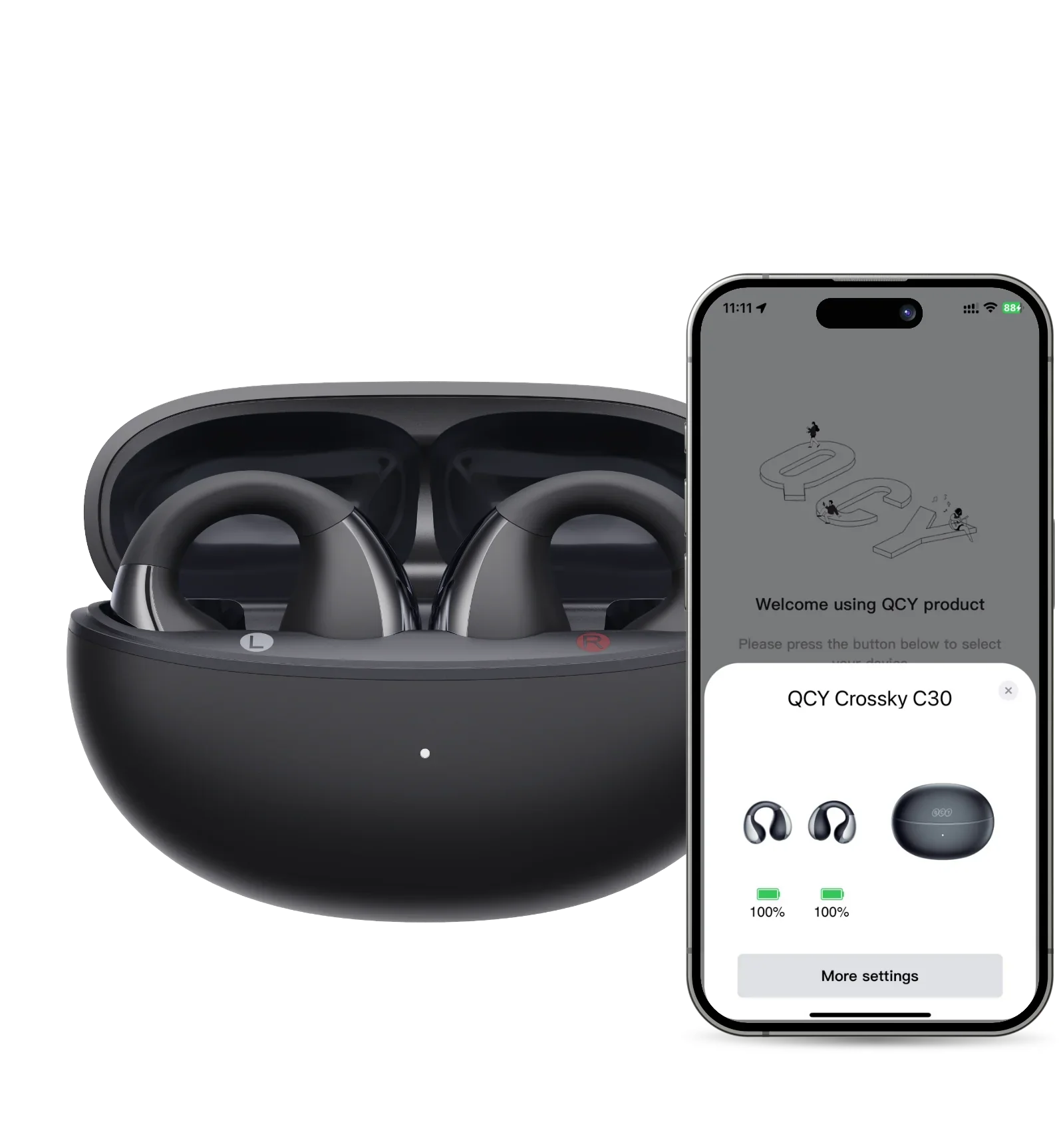 Fone de Ouvido QCY Crossky C30 sem fio, preto, com estojo de carregamento e app mostrando 100% de bateria.