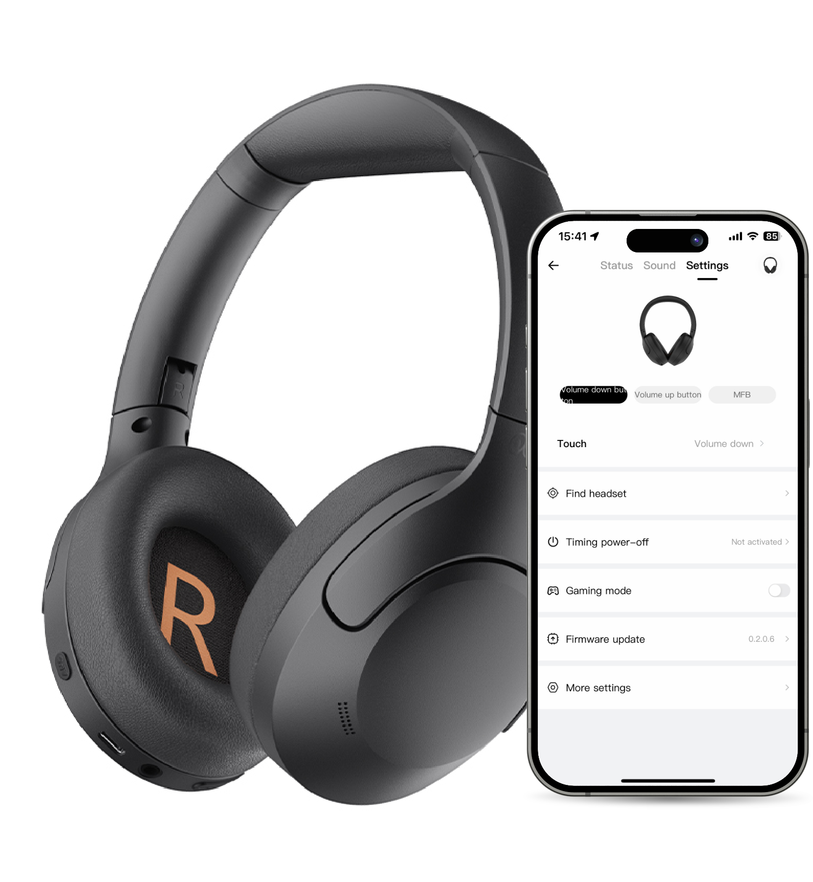 Fone de ouvido sem fio com app de controle, ajuste de som e atualização de firmware. Design moderno e confortável para uso di