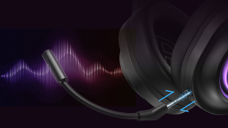 Headset gamer com microfone destacável e iluminação RGB roxa, ideal para jogos e streaming.