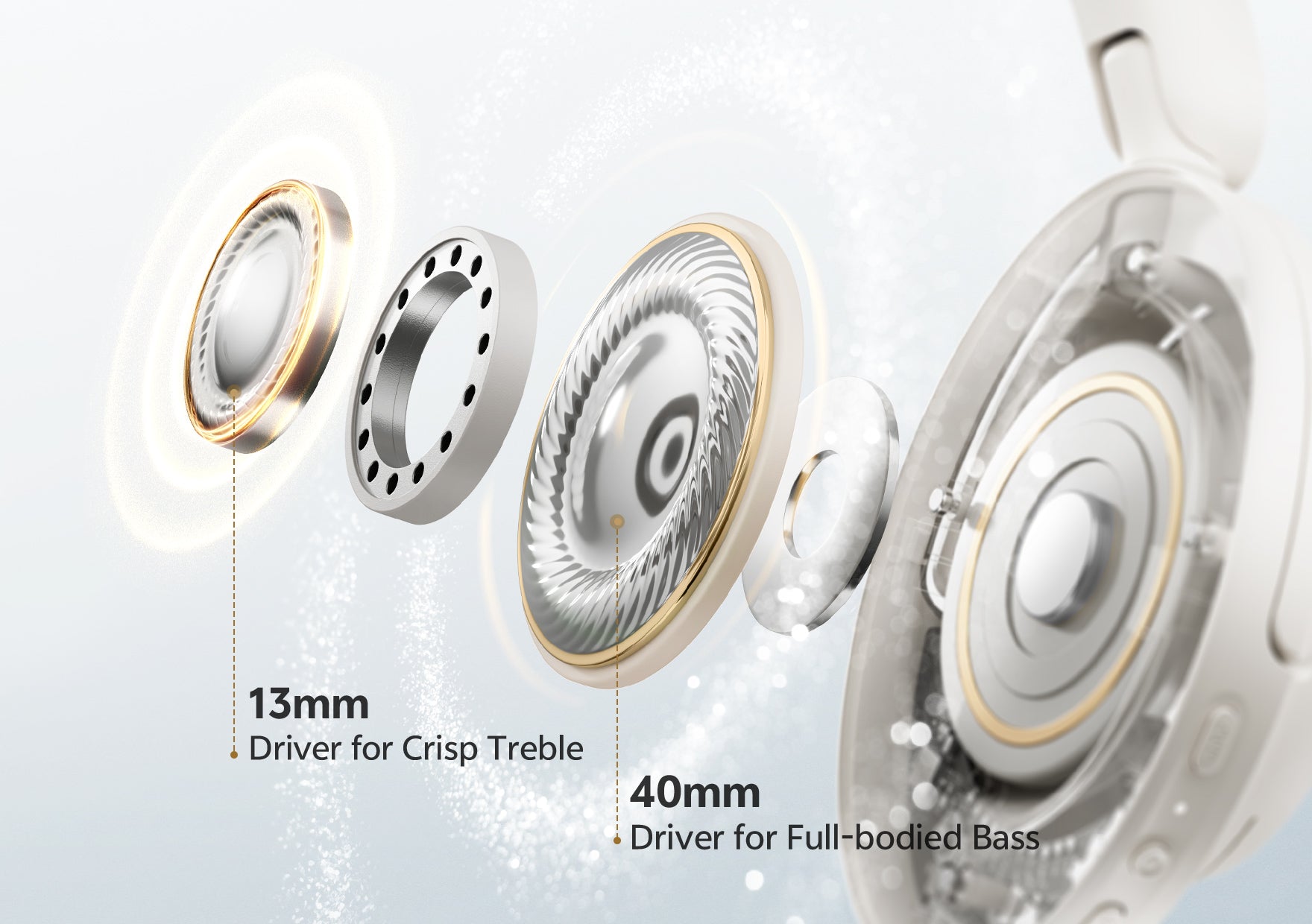 Fones com drivers de 13mm para treble nítido e 40mm para bass potente, qualidade de som superior.