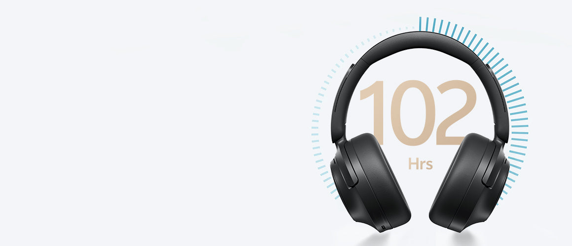 Fones de ouvido com 102 horas de bateria, design moderno e confortável para uso prolongado.