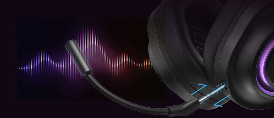 Headset gamer com microfone removível e iluminação RGB roxa, ideal para jogos e streaming com áudio imersivo.