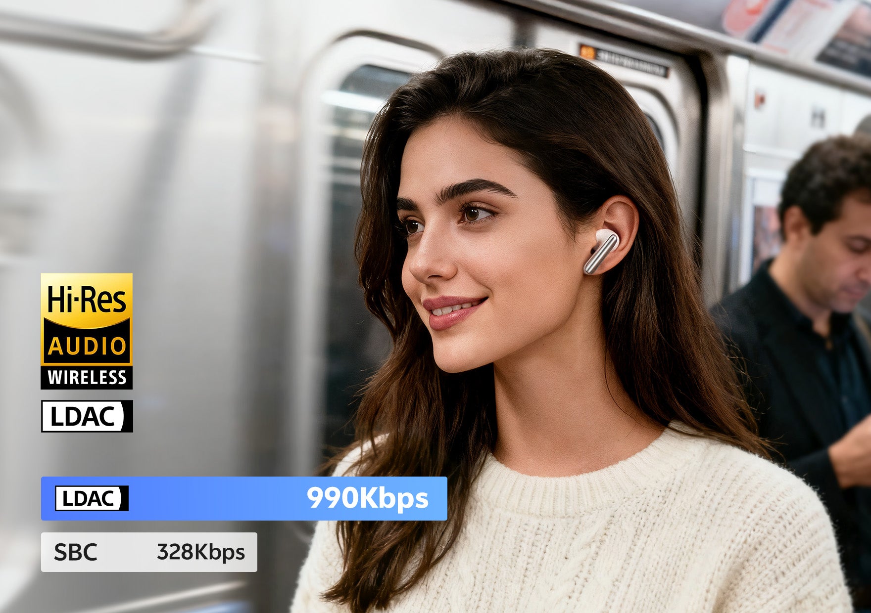 Fone de ouvido sem fio com áudio Hi-Res, LDAC 990Kbps e SBC 328Kbps. Experiência sonora superior em qualquer lugar!