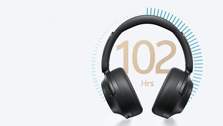 Fones de ouvido com até 102 horas de autonomia, design moderno e confortável para uso prolongado.