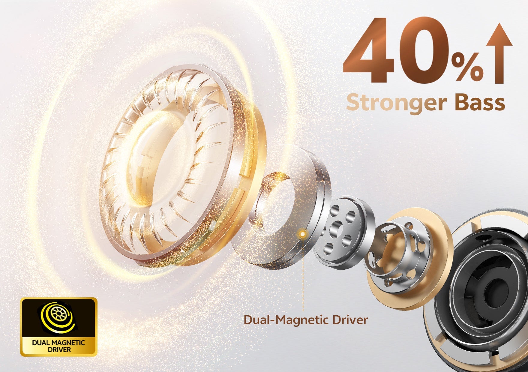 Driver magnético duplo com 40% mais graves potentes para fones de ouvido premium.